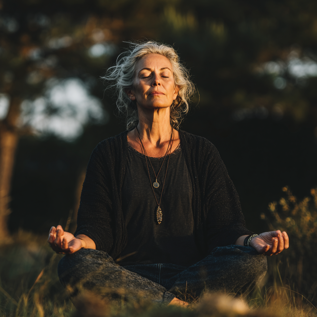 50 years old woman finding inner peace through gentle yoga practice in natural setting