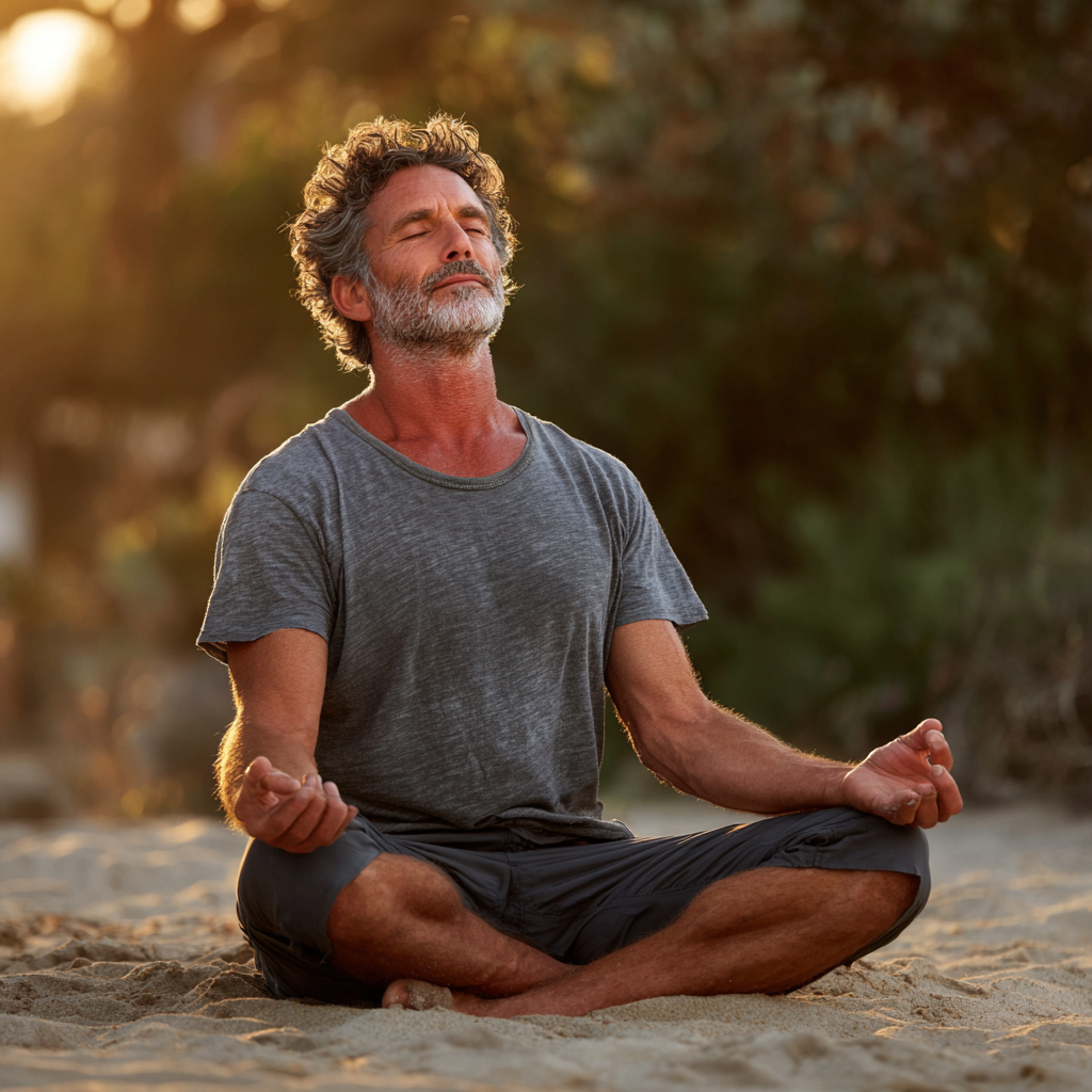 51 years old man discovering mindfulness through yoga practice in peaceful environment