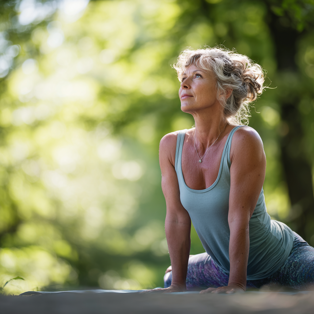 52 years old woman practicing gentle yoga stretches in serene natural setting