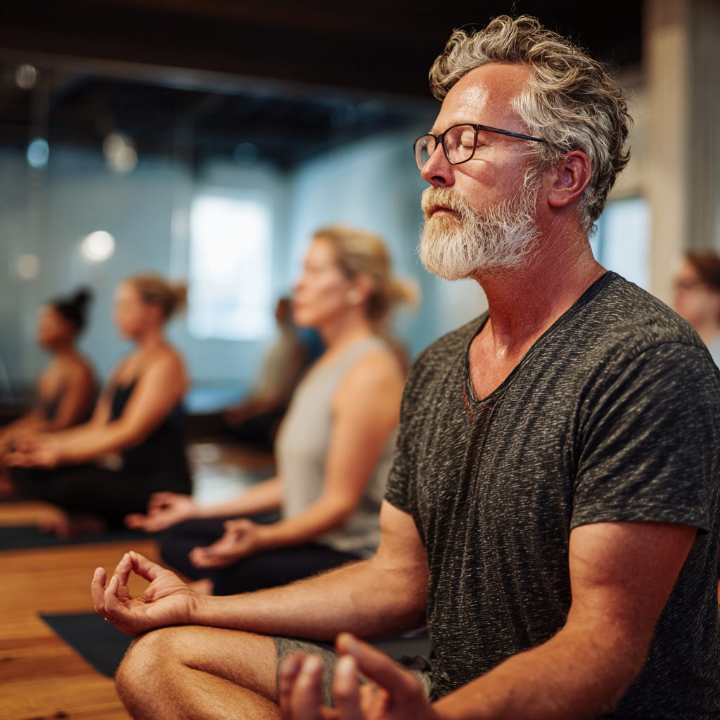 53 years old instructor demonstrating mindful breathing technique to adult students